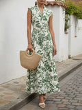 Maxi Linen Dress, Sleeveless, Shawl Collar, Floral, Vintage, Green