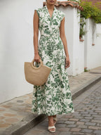 Maxi Linen Dress, Sleeveless, Shawl Collar, Floral, Vintage, Green