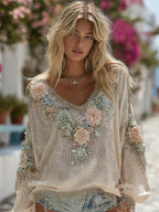 Vintage Rose Diamond Embroidery V-neck Long Sleeve Shirt
