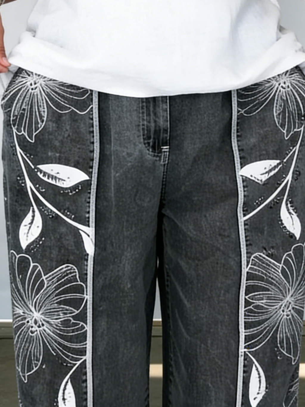 Cozy Artistic Floral Print Jeans