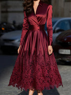 Burgundy Satin Belted Midi Dress With Lace Hem