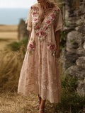 Vintage Pink Floral Embroidered Linen Blend Artistic Loose Dress