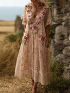 Vintage Pink Floral Embroidered Linen Blend Artistic Loose Dress