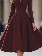 Burgundy V-Neck Full-Skirt Midi Dress