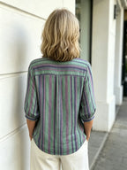 Contrasting Striped Shirt Lapel Single-breasted Medium Sleeve Top Women's Shirt