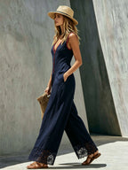 Color-blocked V-neck Cotton And Linen Patchwork Lace Sleeveless Jumpsuit