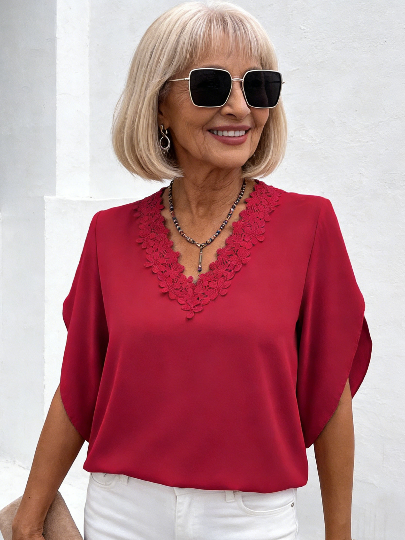 Solid Color Lace V-Neck Flared Sleeve Loose Shirt Women's Top