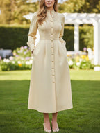 Midi Cotton Dress, Long Sleeves, Stand Collar, Plain, Lace, French Vintage, Beige
