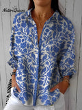 Women's  Vintage Floral Art Print Casual Linen V-neck Shirt