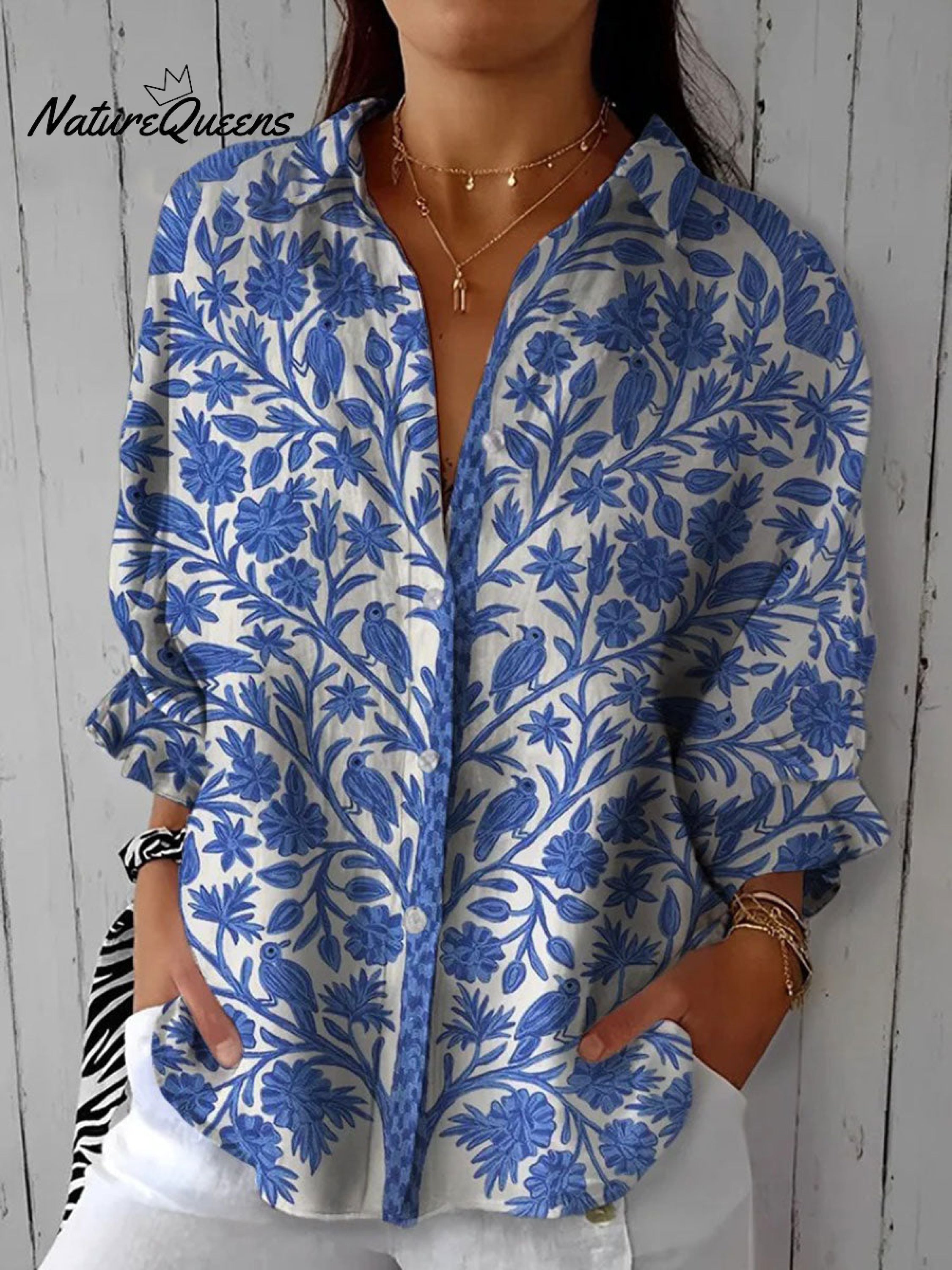 Women's  Vintage Floral Art Print Casual Linen V-neck Shirt