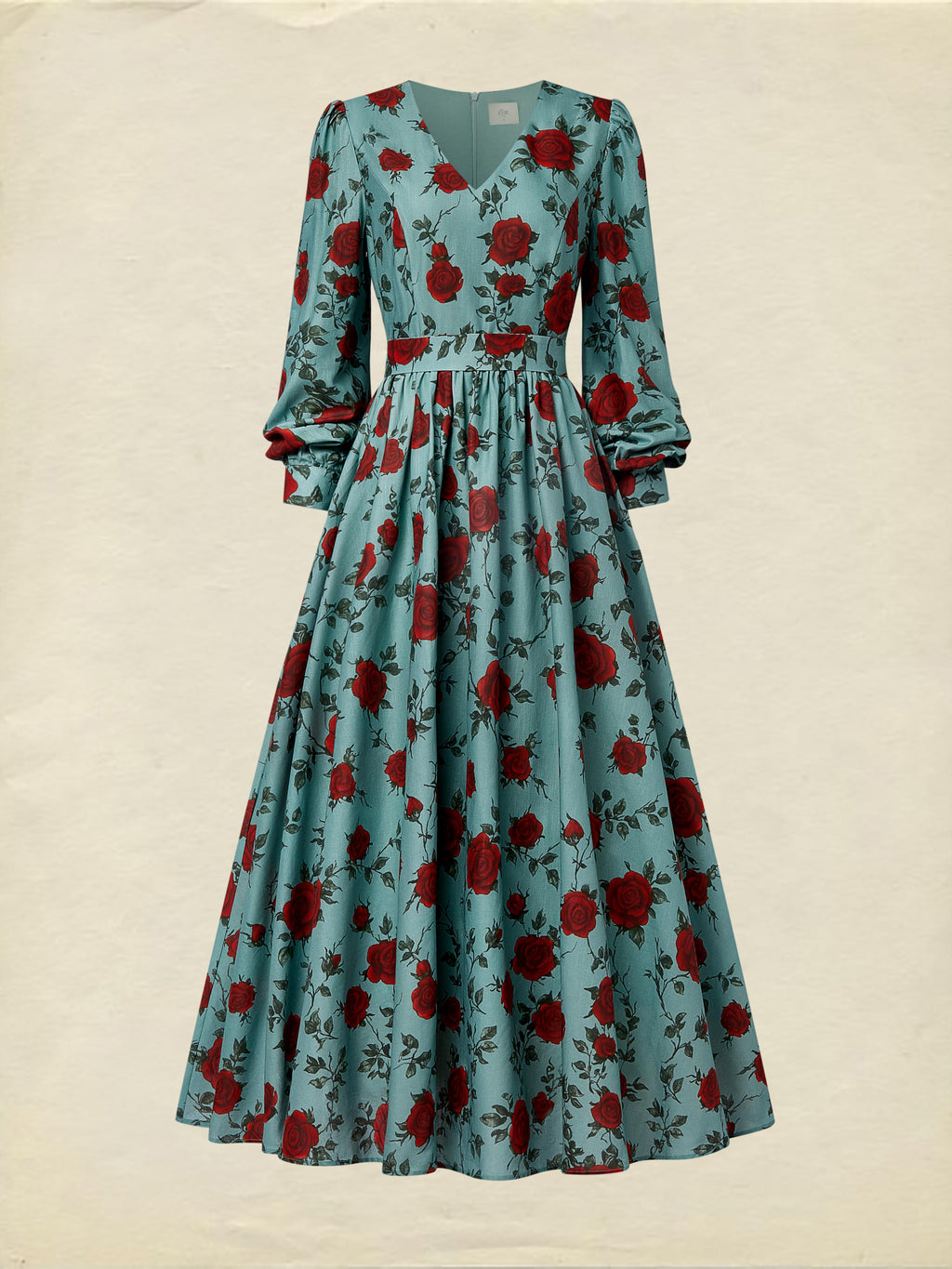 Maxi Linen Dress, Long Sleeves, V Neck, Floral, Belt Design, Vintage, Green