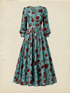 Maxi Linen Dress, Long Sleeves, V Neck, Floral, Belt Design, Vintage, Green