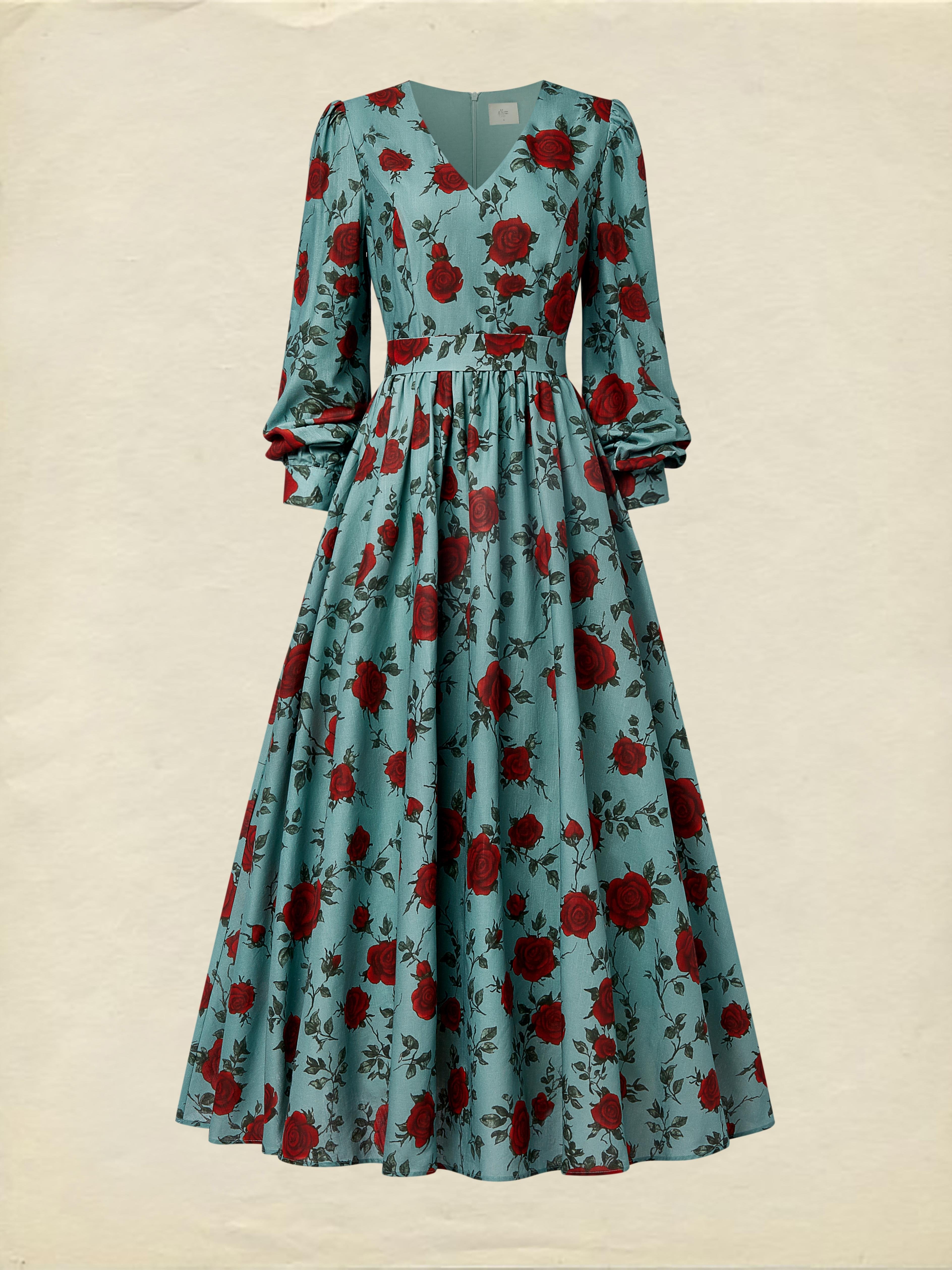 Maxi Linen Dress, Long Sleeves, V Neck, Floral, Belt Design, Vintage, Green