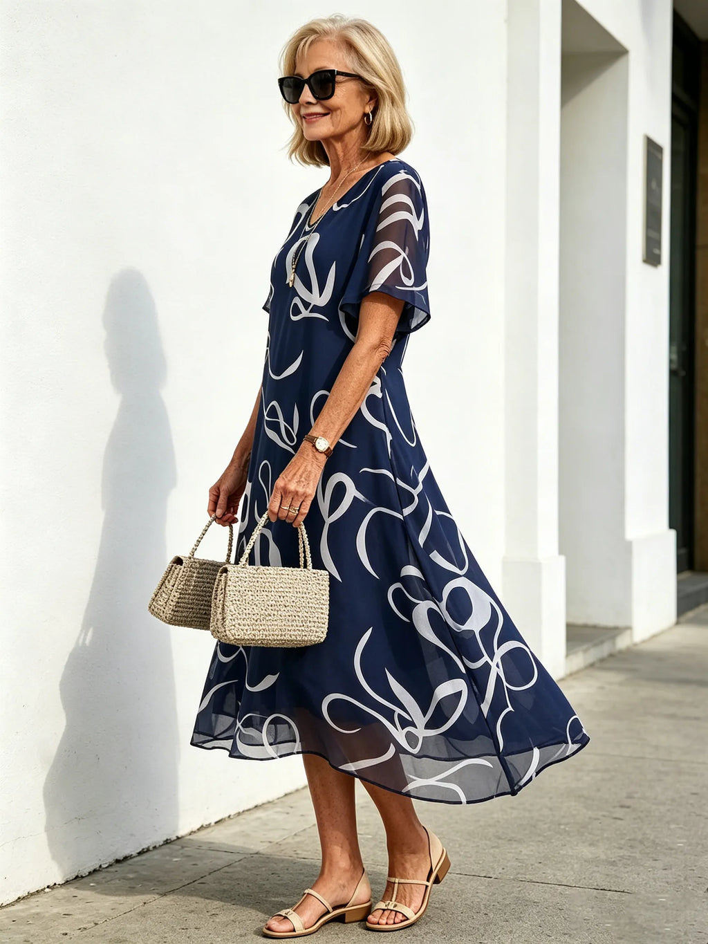 Black Abstract Print Chiffon Midi Dress, V-Neck Short Sleeve Loose Tummy Concealing Back Tie Vacation Dress for Mature Women