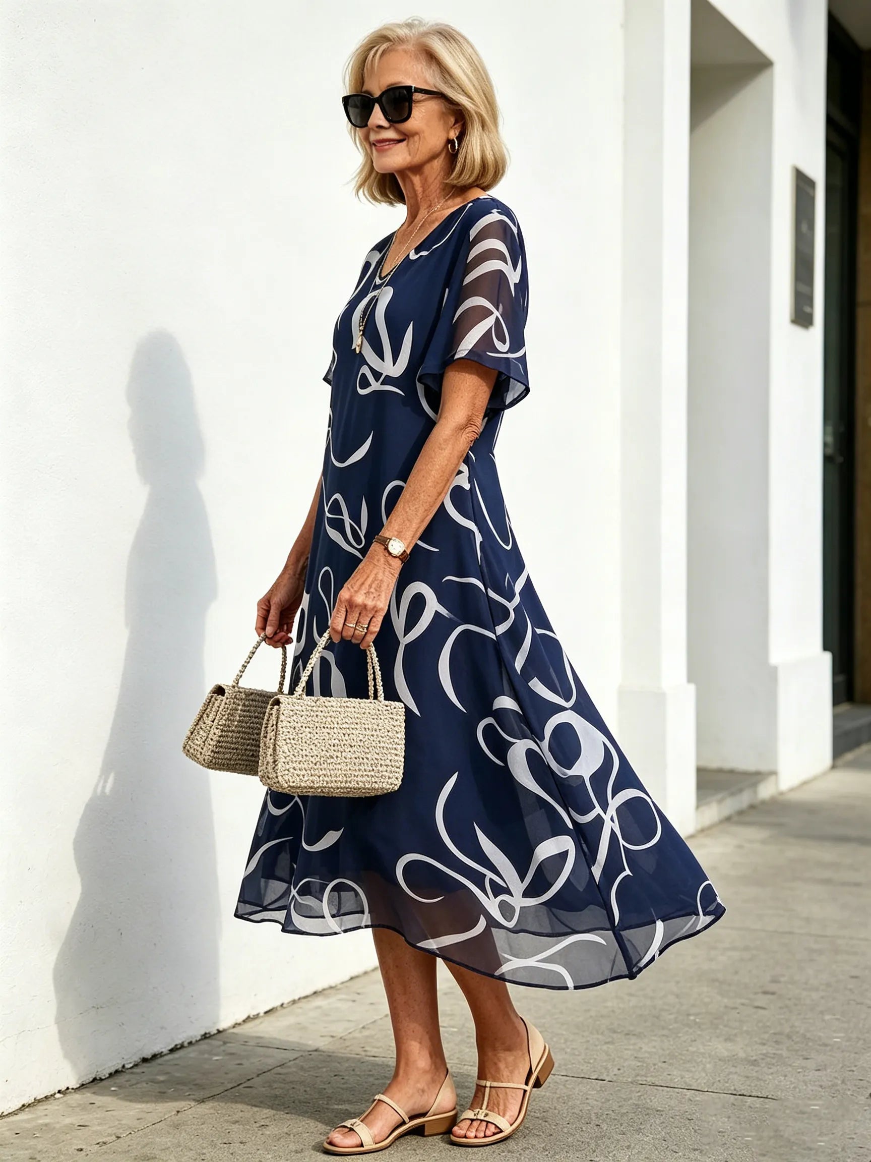 Black Abstract Print Chiffon Midi Dress, V-Neck Short Sleeve Loose Tummy Concealing Back Tie Vacation Dress for Mature Women