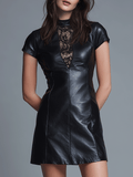 Avant-Garde Black Delicate Lace Eco-Friendly Leather Mini Dress