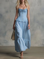 Casual Retro Blue Striped Sleeveless Loose-Fit Ruffled Cotton Maxi Dress