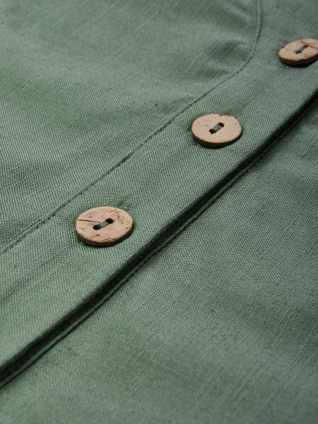 Midi Cotton Dress, Casual, Plain, Pocket Stitching, Half Open Collar, Half Sleeve, Vintage, Green
