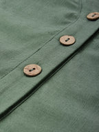 Midi Cotton Dress, Casual, Plain, Pocket Stitching, Half Open Collar, Half Sleeve, Vintage, Green