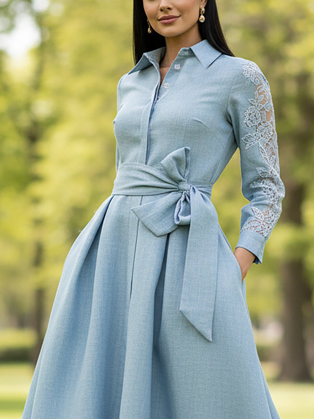 Maxi Linen Dress, Long Sleeves, Shawl Collar, Plain, Belt Design, Vintage, Blue