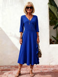 Blue Rhinestone Wrap Midi Dress, V-Neck 3/4 Sleeve Ruffle Hem Loose Slimming Dress for Mature Women