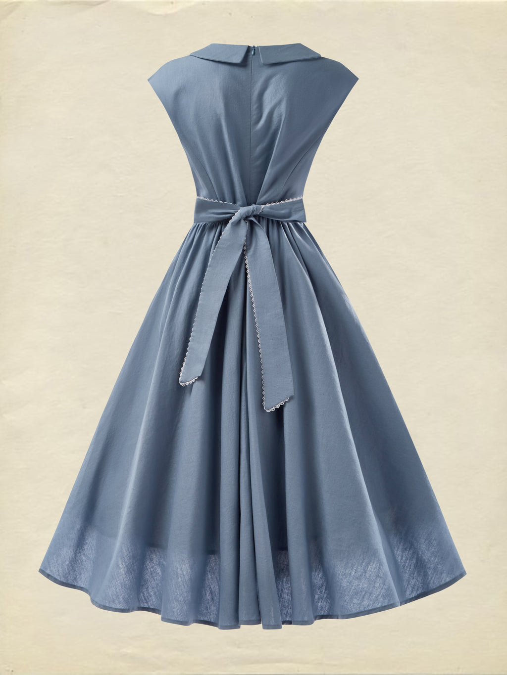 Linen Midi Dress, Sleeveless, Crew Neck, Plain, Vintage, Blue