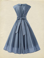 Linen Midi Dress, Sleeveless, Crew Neck, Plain, Vintage, Blue