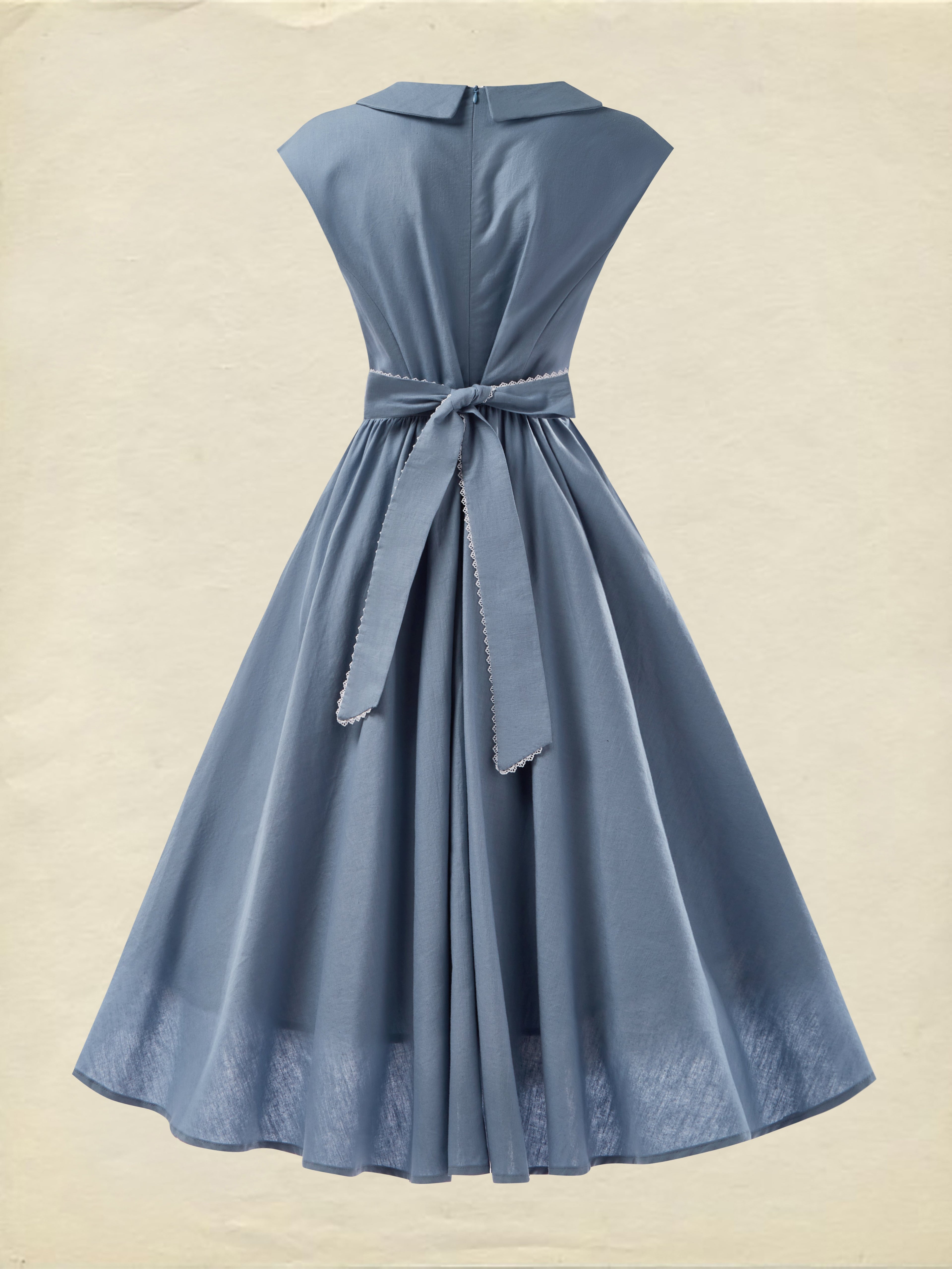 Linen Midi Dress, Sleeveless, Crew Neck, Plain, Vintage, Blue