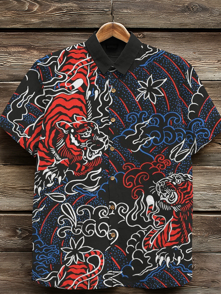 Vintage Japanese Tiger Art Pattern Linen Shirt