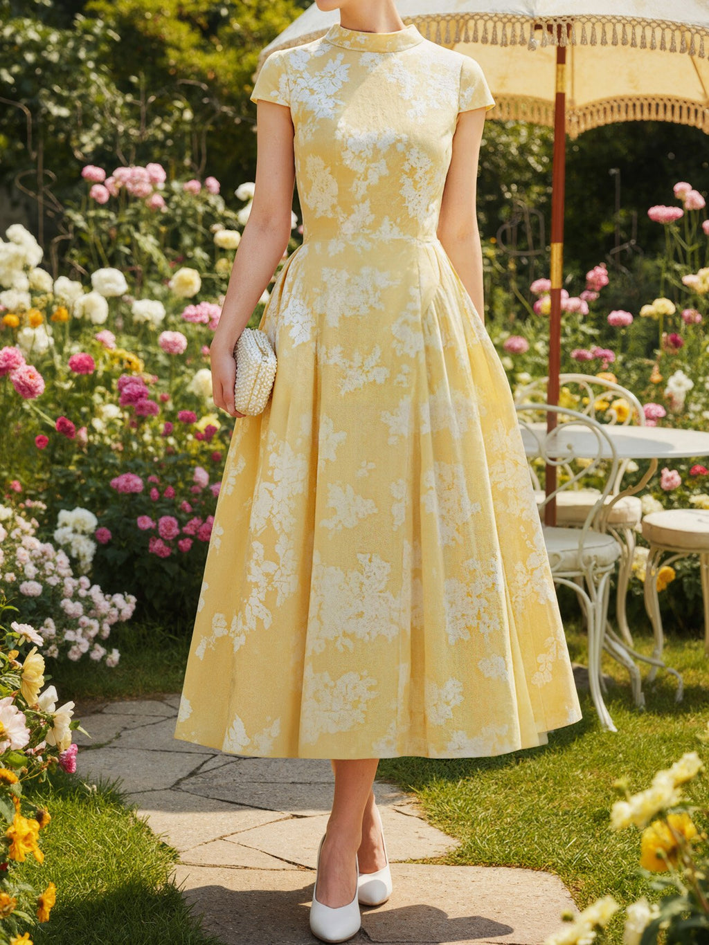 Midi Cotton Dress, Short Sleeves, Floral, French Vintage, Yellow