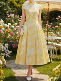 Midi Cotton Dress, Short Sleeves, Floral, French Vintage, Yellow