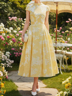 Midi Cotton Dress, Short Sleeves, Floral, French Vintage, Yellow
