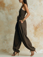 Tie-Waist Button-Front Utility Jumpsuit With Ankle Ties