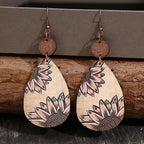 Unique Droplet Shape Wooden Dangle Earrings - Retro Bohemian Style, Sunflower Print, Trendy Female Ear Ornaments with Natural Wood Grain and Hypoallergenic Posts for Sensitive Skin - Perfect for Everyday Wear and Gift Giving