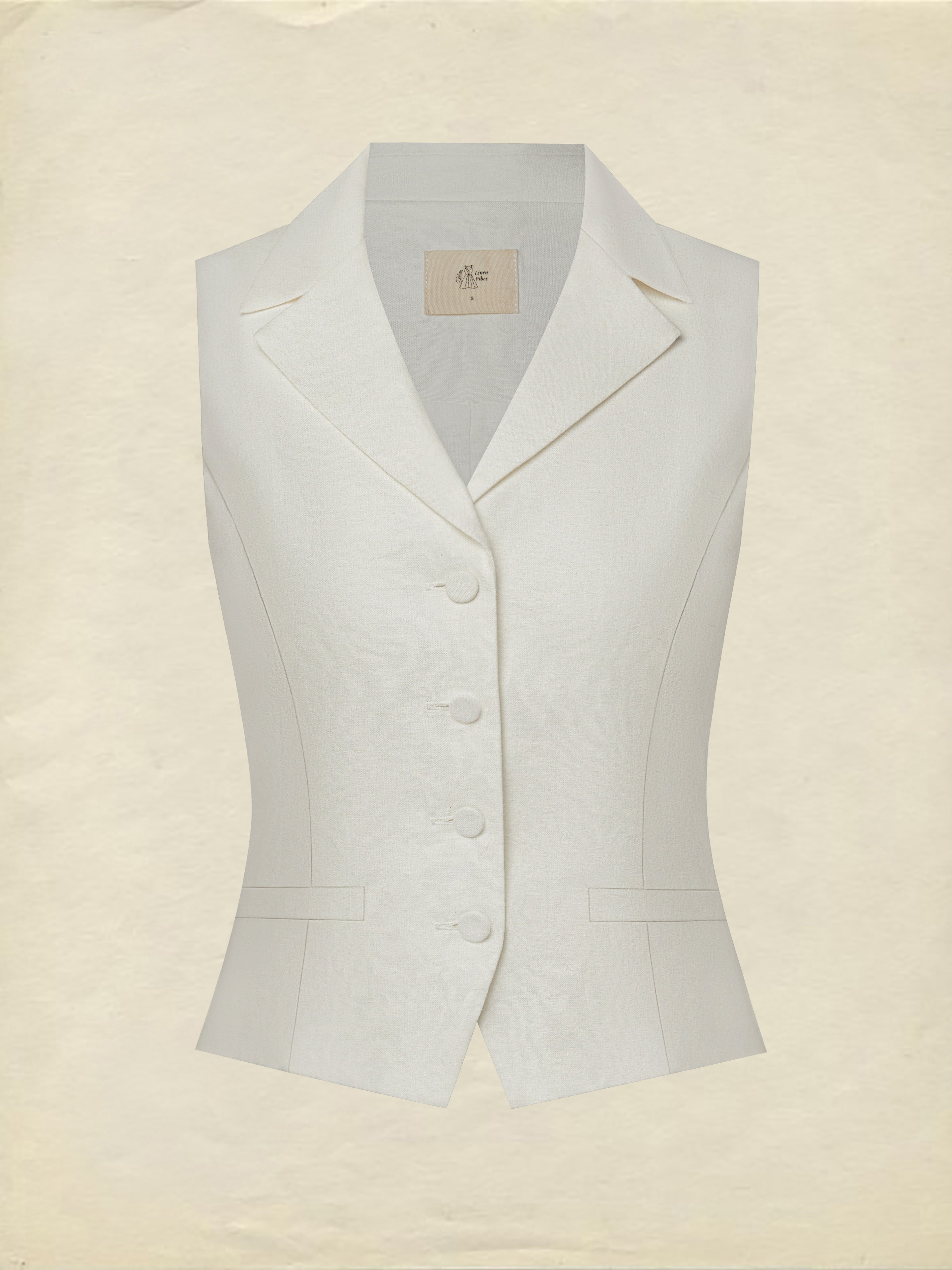 Linen Vest, Sleeveless, Shawl Collar, Plain, Button Design, Vacation, Vintage, White