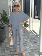 Casual Crew Neck Medium Sleeve Top Printed Floral Pants Set Two-piece Set
