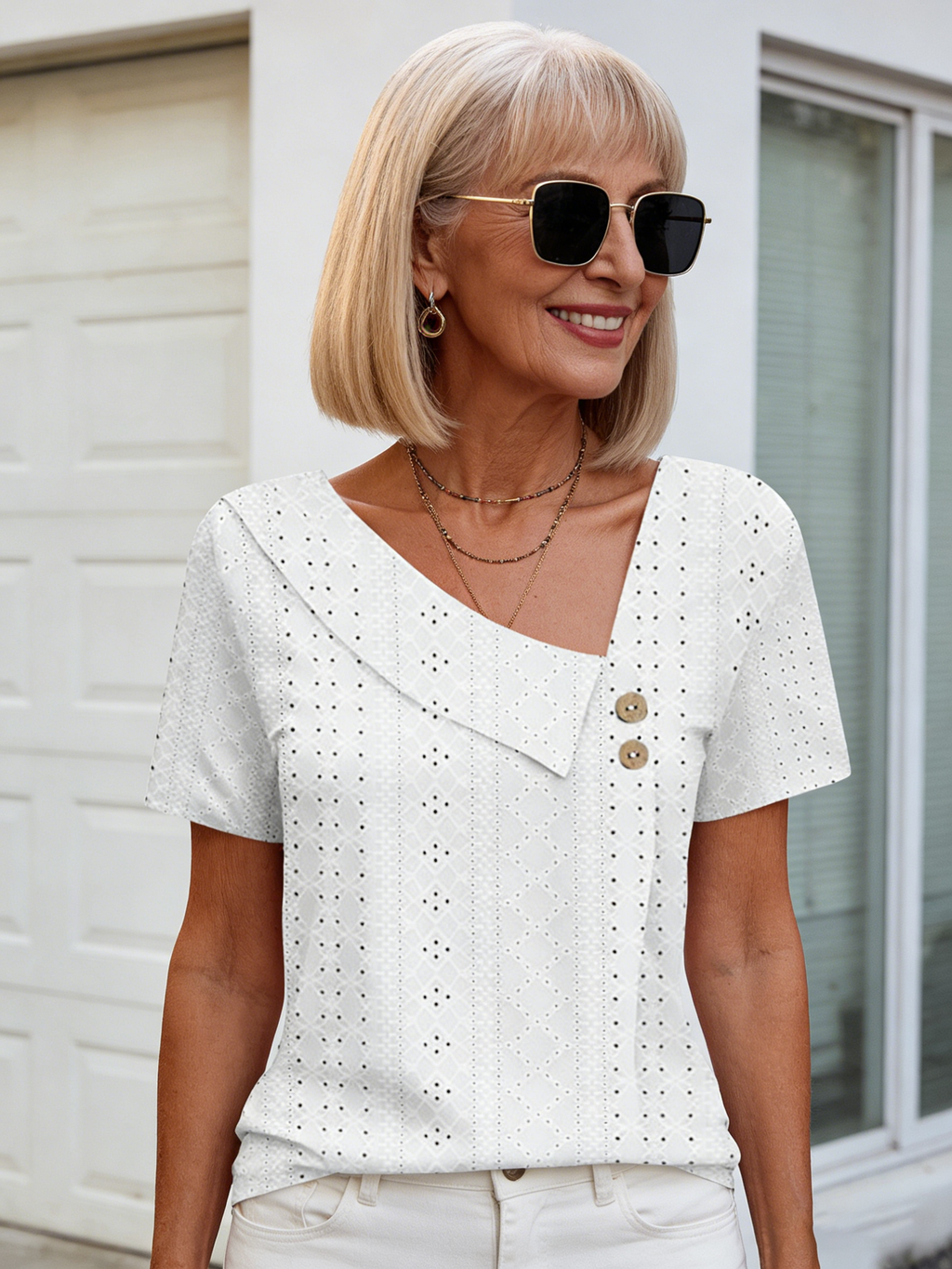 Textured Fabric Collar Button Solid Color Hollow Short Sleeve Women's Top T-Shirt Short