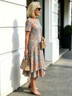 Grey & Orange Floral Mesh Layered Midi Dress, Round Neck 3/4 Sleeve Loose Tummy Concealing Plus Size Dress for Mature Women