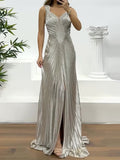 Silver Sleeveless Pleated Split-front Maxi Dresses Fairytale Dress