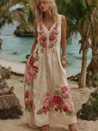 Women Vintage Pink Floral Embroidery Art V Neck Linen Maxi Dress
