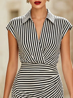 Elegant Striped Shirt Collar Wrap Bodycon Mini Dress