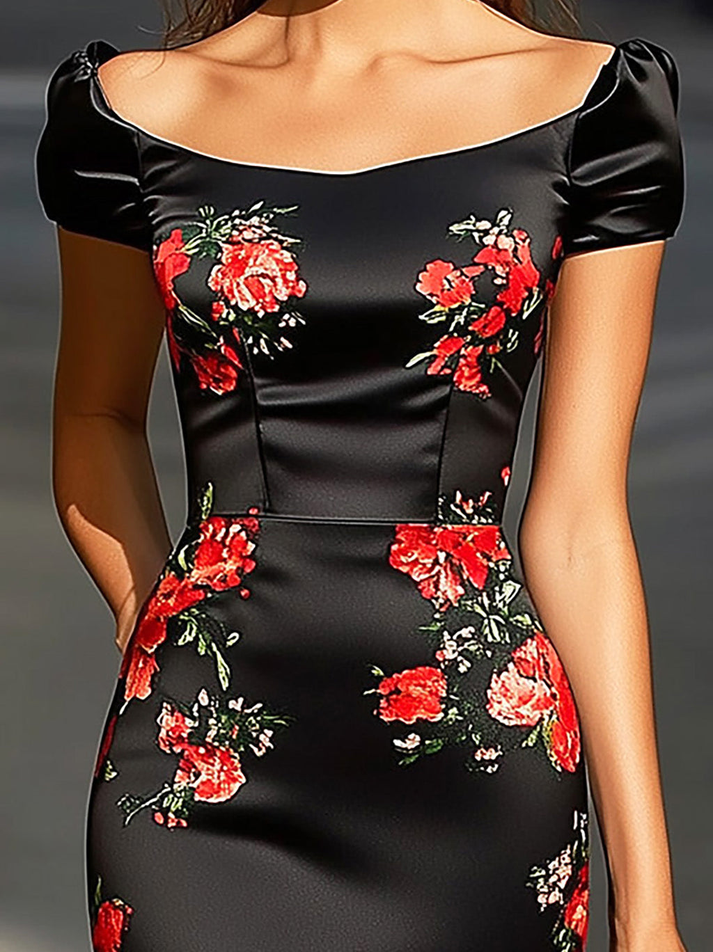 Black Satin Dress With Red Floral Accents