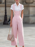 Elegant Pink High-Waisted Wide-Leg Overall Jumpsuit With Short-Sleeve Shirt Set, Adorned With Gold Buttons