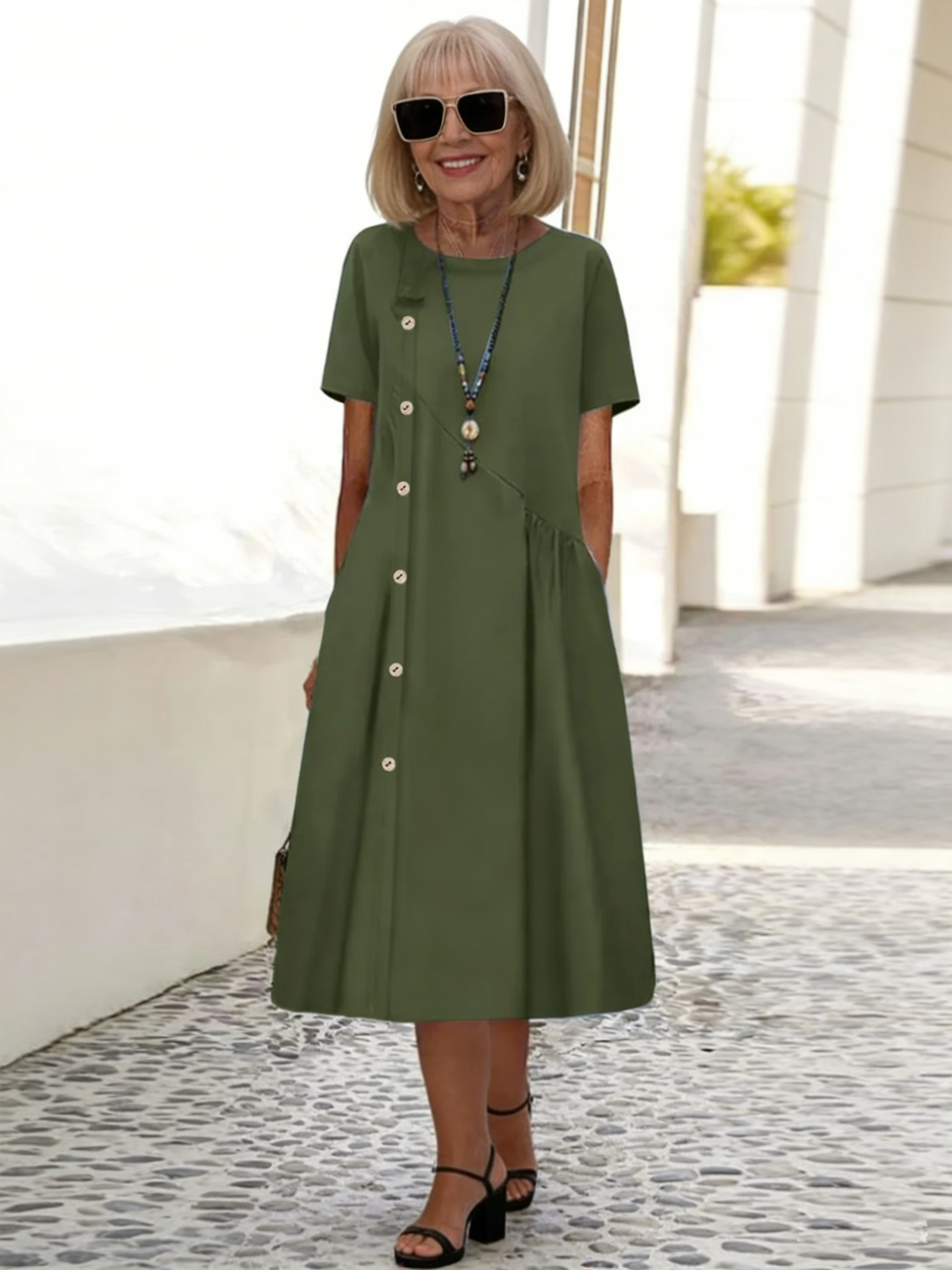 Dress Casual Button Trim Shrink Pocket Medium Long Dress