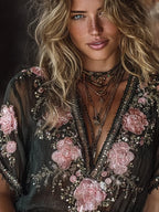 Bohemian Romantic Style Embroidered Rose Short-sleeved Top