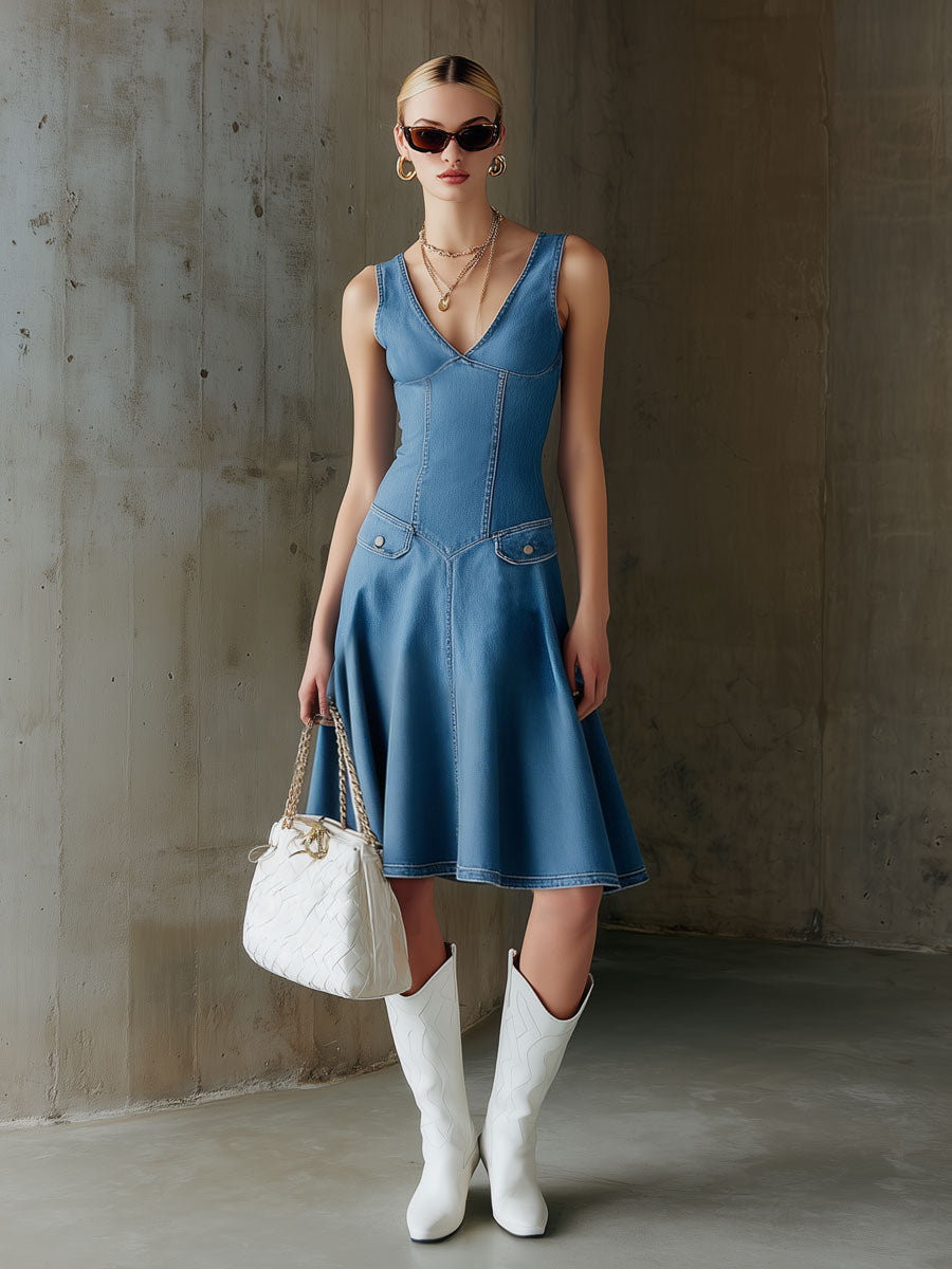 Fashionable Retro Blue Denim V-neck Sleeveless A-line Midi Dress
