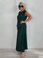 2Pcs Crew Neck Solid Color Sleeve Top Pleated Straight Pants Set Two-piece Set
