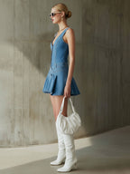 Fashionable Retro Blue Denim V-neck Sleeveless Pleated Mini Dress