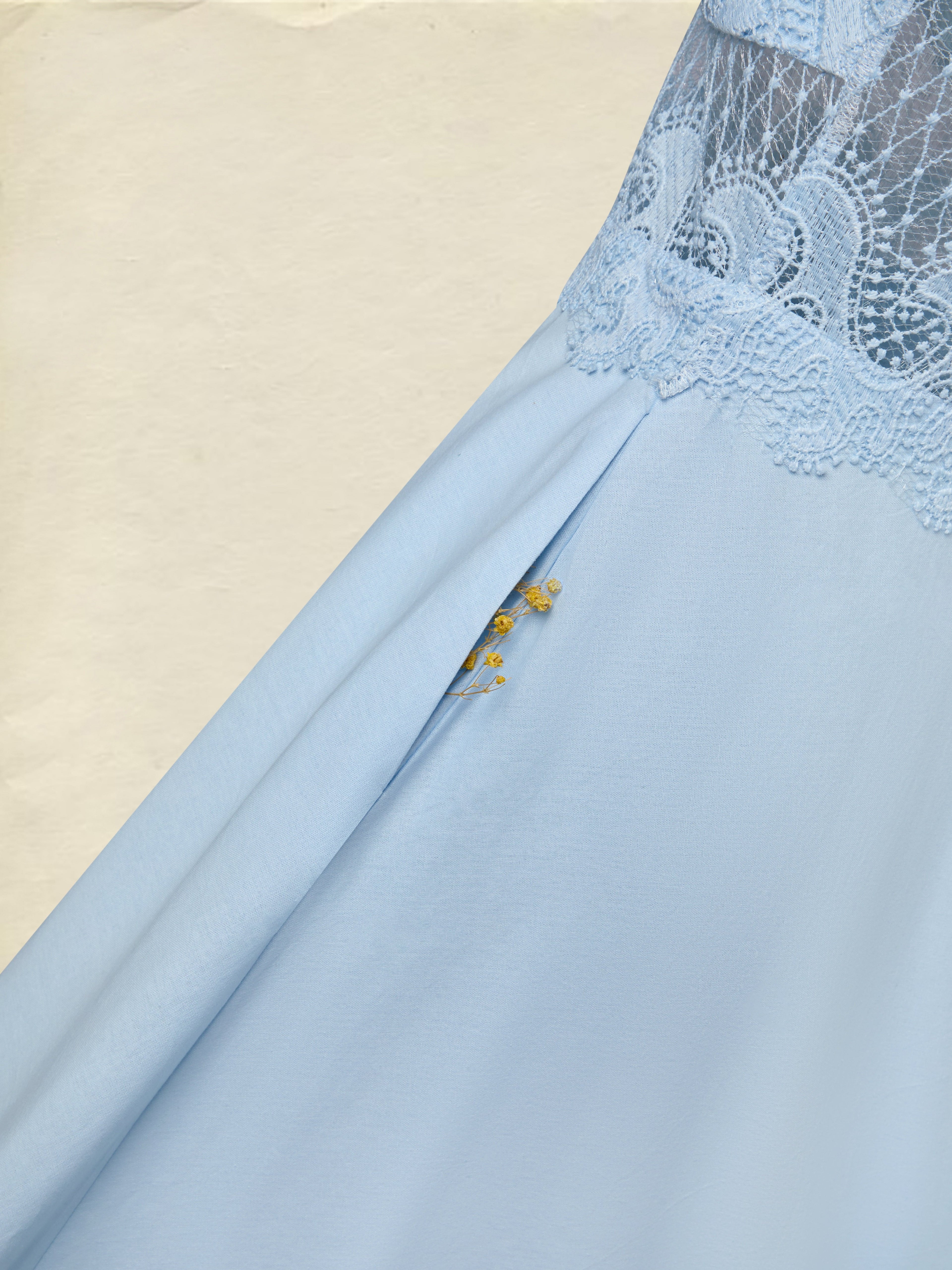 Maxi Cotton Dress, Sleeveless, V Neck, Plain, Lace, French Vintage, Blue
