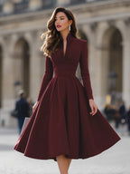 Burgundy V-Neck Full-Skirt Midi Dress
